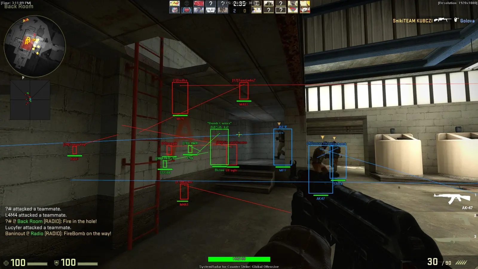 ESP overlay with boxes, names and a 2D radar
